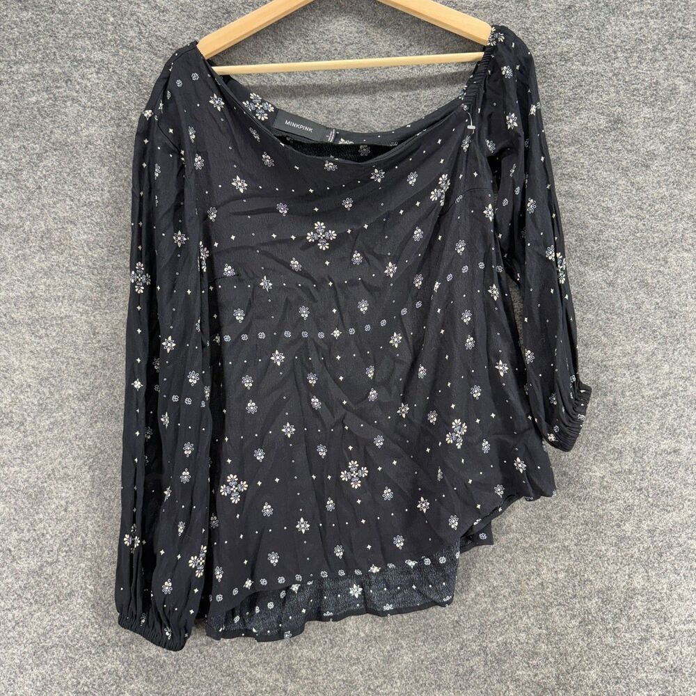 MinkPink Blouse Women S Small Black Floral Long Sleeve Round Neck Pullover